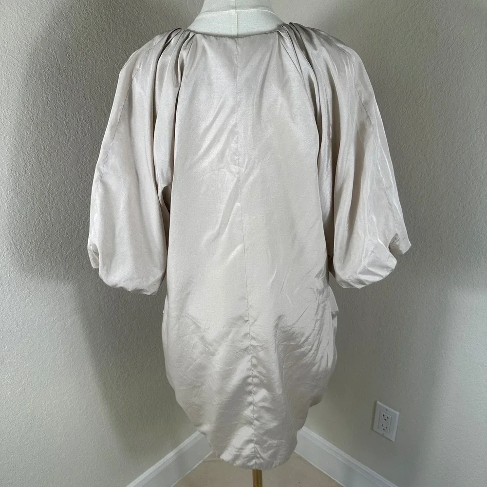 Gracia Champagne Satin Jacket Womens L Balloon Sleeve Bow Pocket Coquette Blouse